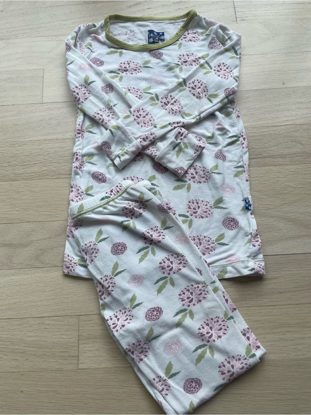 Kickee Pants White Pajama Set with Pink Floral Print and Green Trim